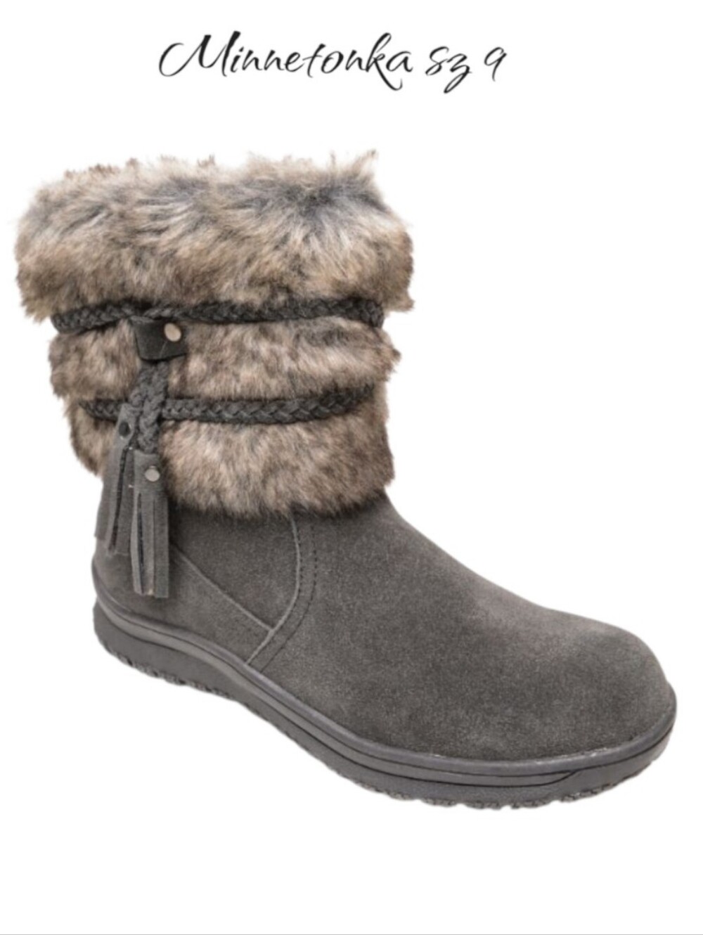 Minnetonka Everett Charcoal Gray Suede Faux Fur Winter Boots Size 9 NWT